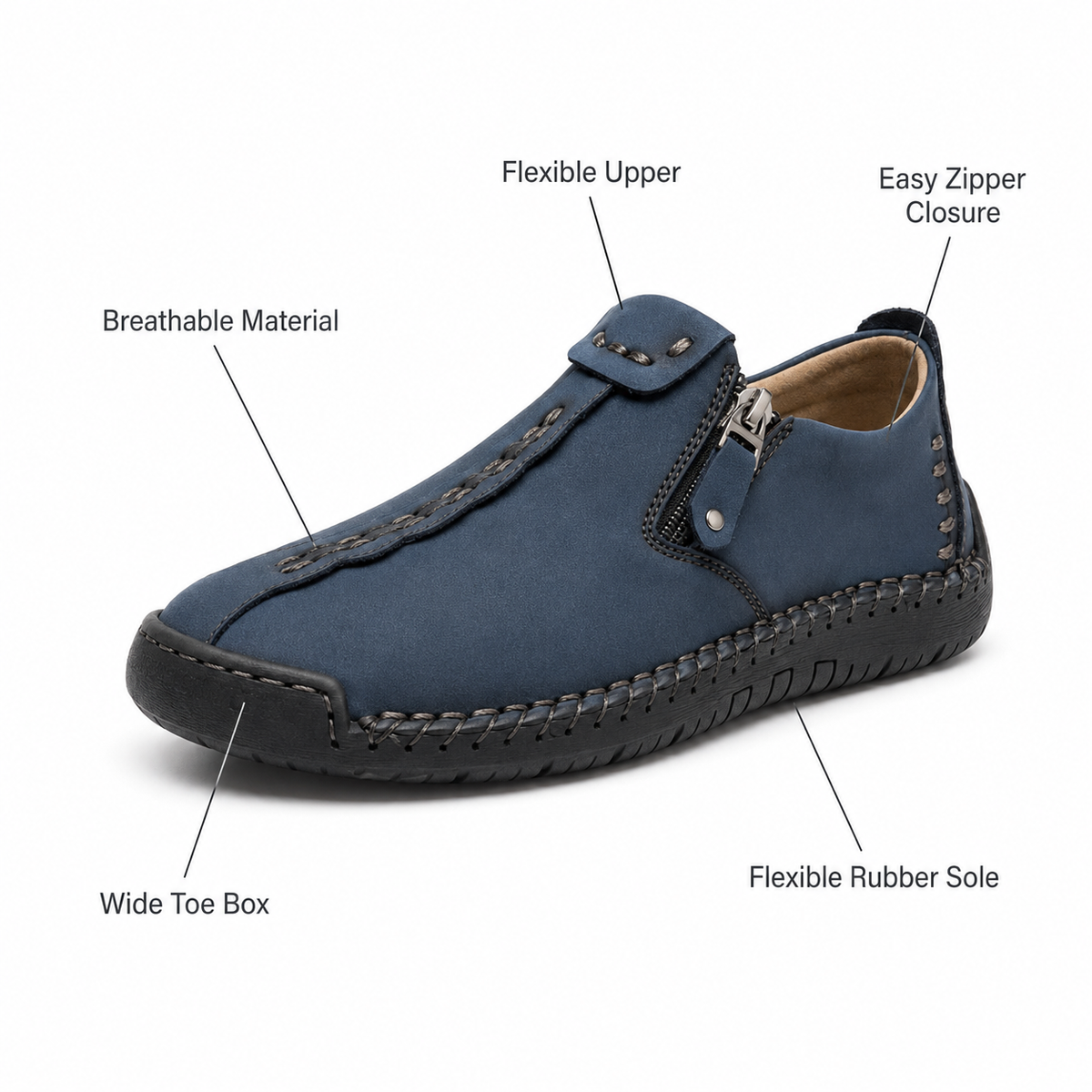 Vera™ – Hand-Stitched Slip-On Comfort Loafers | No-Bend Zipper, Wide Toe Box & All-Day Comfort